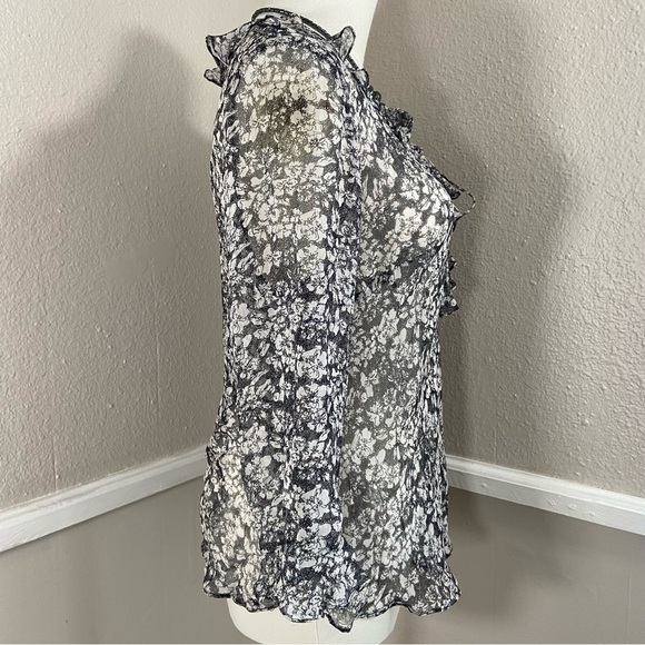 Floral Black White Silk See Through Sheer Long Sleeve Blouse Top Size 10 Vtg 90s - Picture 5 of 8